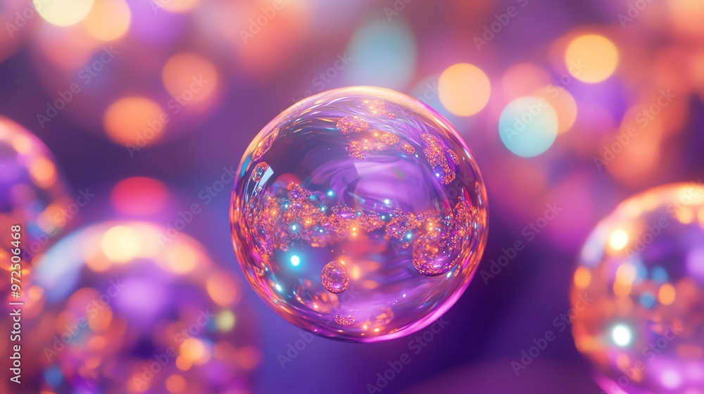 Poster a single, iridescent sphere floats against a background of colorful bokeh, a vibrant and abstract sc
