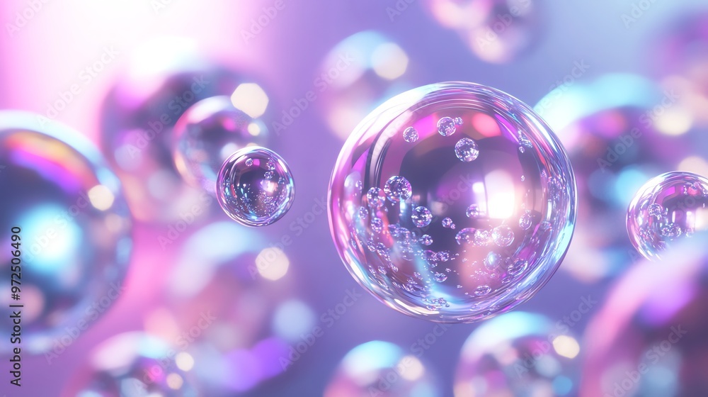 Poster abstract background of iridescent bubbles floating in a soft pink and purple gradient.