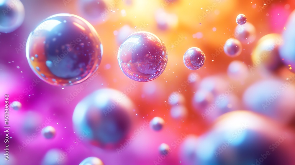 Poster abstract image of shiny, silver spheres floating in a colorful, hazy background.