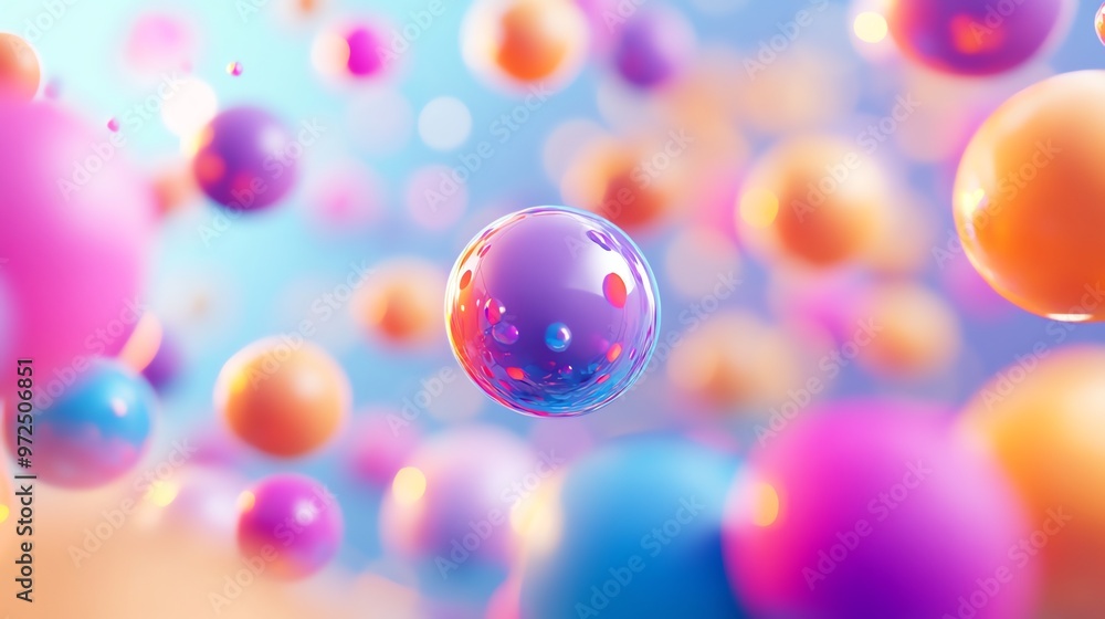 Poster colorful abstract background with floating spheres and a soft glow.