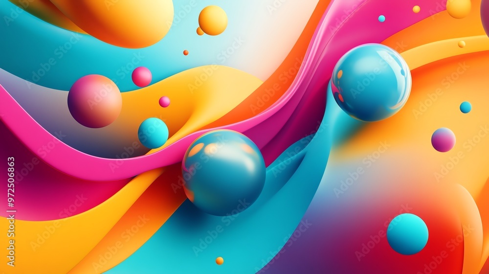 Poster abstract colorful background with spheres and wavy lines.