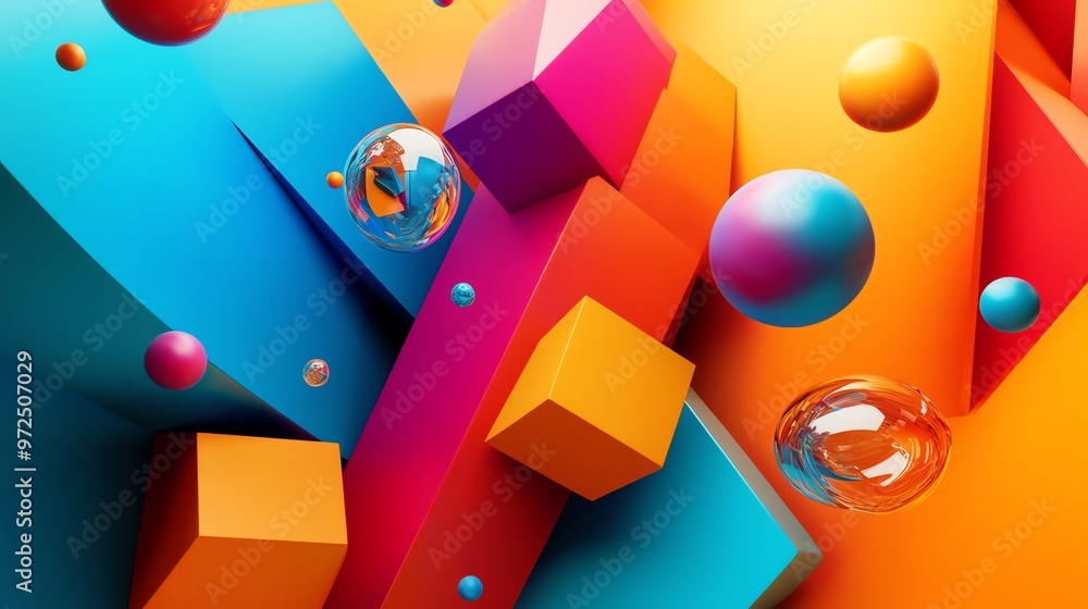 Aufkleber abstract background with colorful spheres and cubes floating in mid-air.