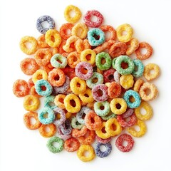 A large pile of brightly colored cereal loops isolated on white background.