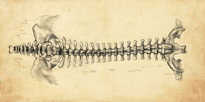 Vintage drawing of a human spine on parchment.