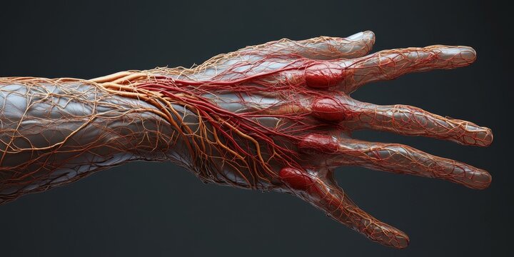 Close-up of hand with exposed veins and arteries.