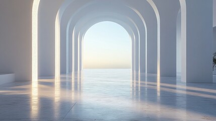 Modern Minimalist Interior with Geometric Arches and Natural Light in a Serene, Open Space