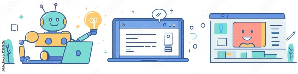 Poster illustrations illustrating scenes with an ai chat bot used for writing copy, creating art, and answe