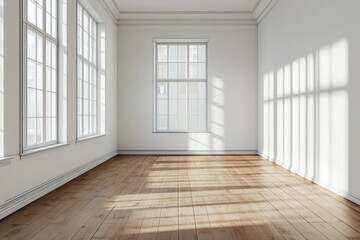 Modern empty room with wooden floor and large white plain wall background.	
