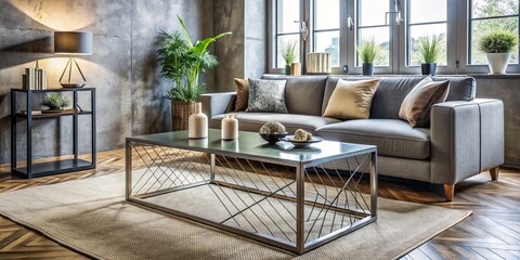 Fototapeta premium Exposed metal pipes and wooden accents blend harmoniously in a contemporary living room, generating an edgy