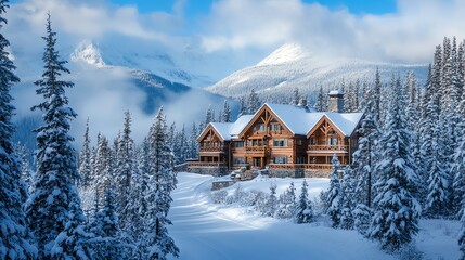 A wooden cabin nestled in a snowy forest with mountain peaks in the background.