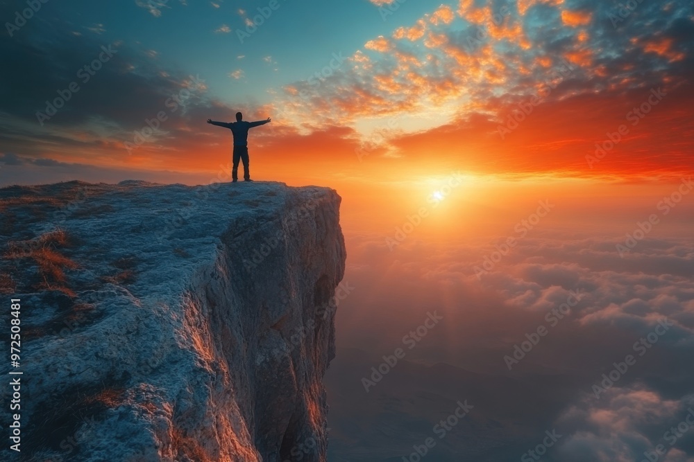 Wall mural person standing at the edge of a cliff with arms outstretched, ready for a new beginning concept.