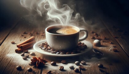 Fototapeta premium Cup of coffee and coffee beans on black background
