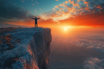 Person standing at the edge of a cliff with arms outstretched, ready for a new beginning concept.