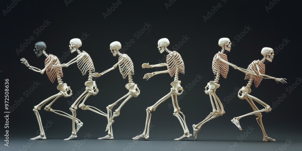Poster five skeletons running in a line.