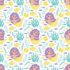 Childrens cute background. Little mermaid and various fishes seamless pattern. Underwater life vector illustration