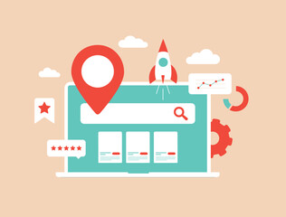 Marketplace SEO illustration showing search engine optimization for online marketplaces. Includes keyword research, ranking strategies, product visibility and competitive analysis to improve listings