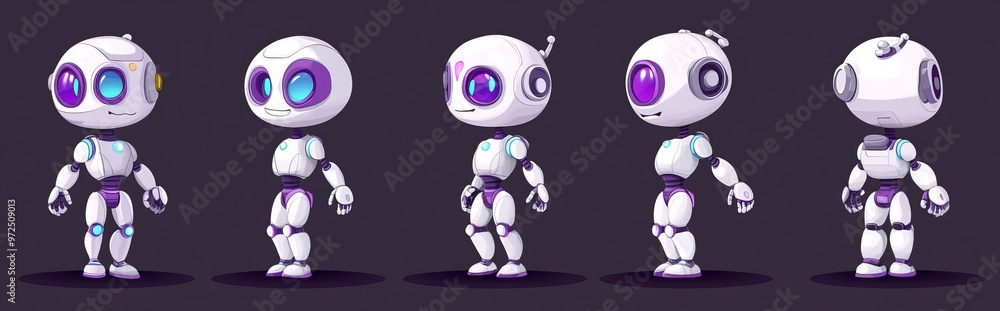 Poster an ai robot character set depicts cute cartoon characters. a computer machine with a face evolves in
