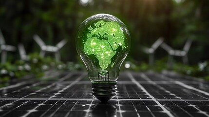 A glowing light bulb with a green map of Africa symbolizes renewable energy and sustainability innovations in nature.