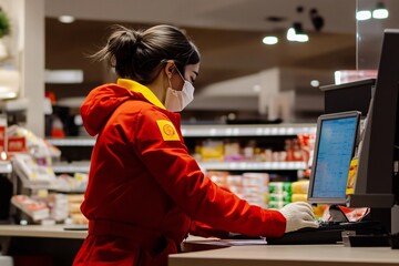A retail worker in a red uniform operates a checkout system while wearing a mask and gloves in a store.