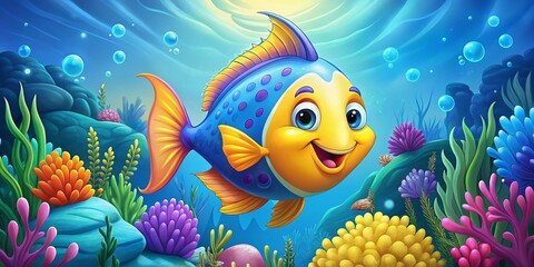 Colorful cartoon fish with bright blue scales, yellow fins, and a cheerful smile, swimming in a vibrant coral