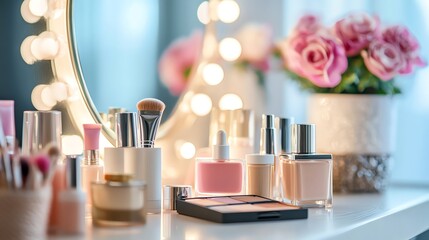 Fototapeta premium A makeup vanity with a variety of beauty products, brushes, and a mirror with lights.