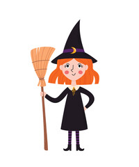 Cute children character. Little witch with on a broom in her hand. Halloween fairy tale vector illustration