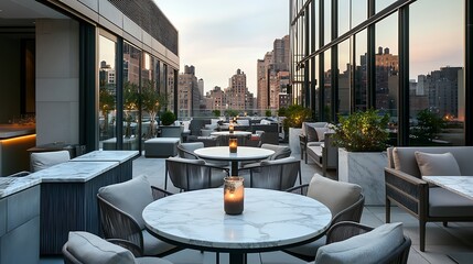 Refined rooftop setting with plush seating and expansive views.