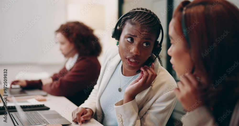 Poster call center team, laptop and woman help with client account problem, solution and customer service. 