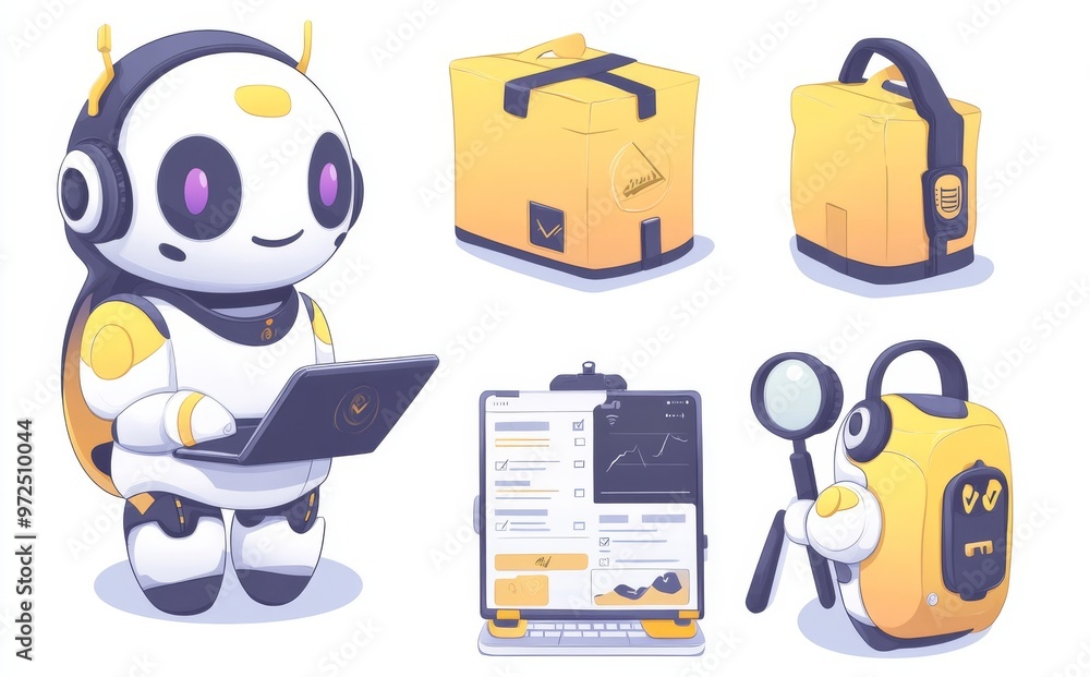 Poster the set of ai robot chat bot cartoon characters is isolated on a transparent background. modern flat