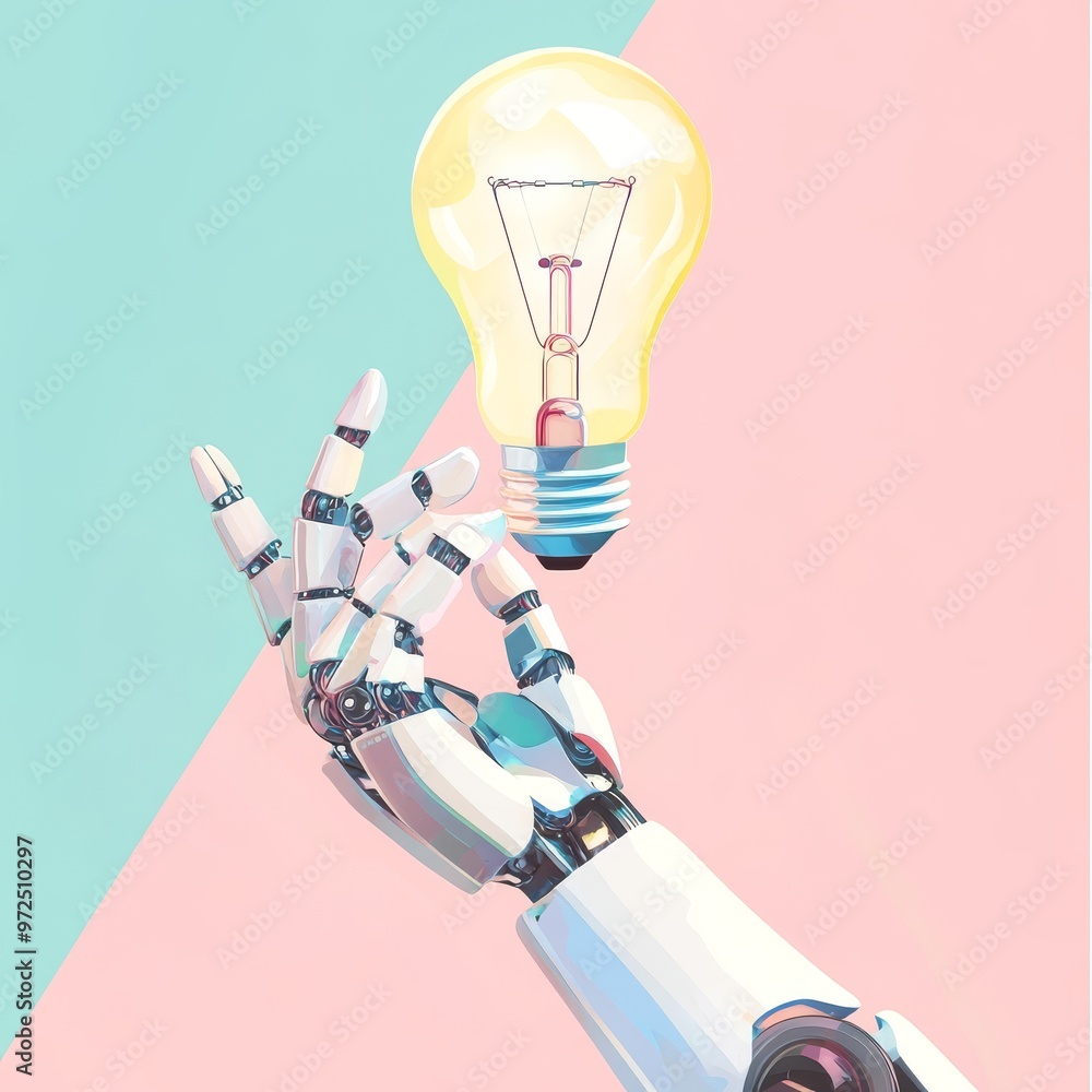 Poster the robot raises its hand and gives an idea. ai chatbot answering questions, flat modern illustratio