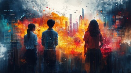 Dynamic Business Team Analyzing Futuristic Digital Cityscape with Data Visualization and Technology