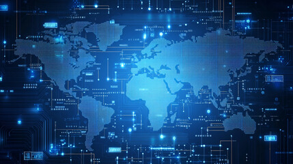 Obraz premium Abstract digital graphic world map with glowing contour line on dark background, digital world map with code