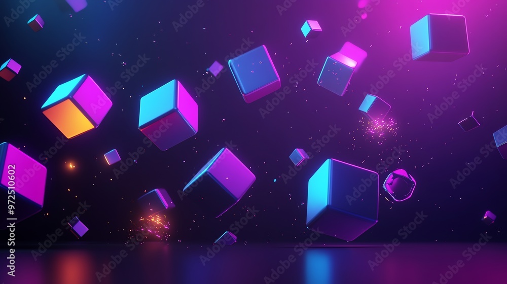 Poster neon colored cubes fall in a dark space, illuminating the background with glowing lights.