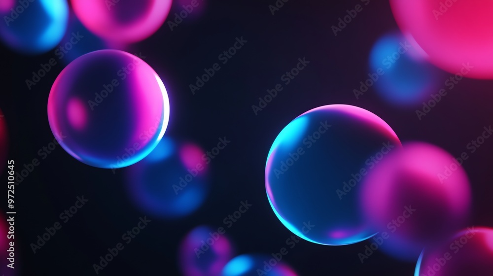 Poster a 3d abstract image of glowing orbs with neon colors on a dark background.