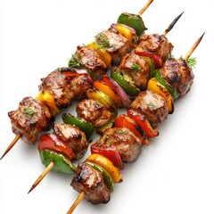Appetizing shish kebab on skewers. Traditional American cuisine. isolated on white background.