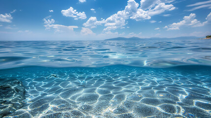 Fototapeta premium Crystal Clear Ocean Water Under Blue Sky With Clouds and Distant Mountains