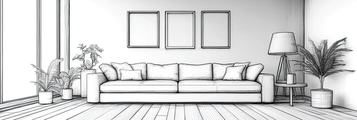 Line interior home art room design illustration outline sketch furniture 