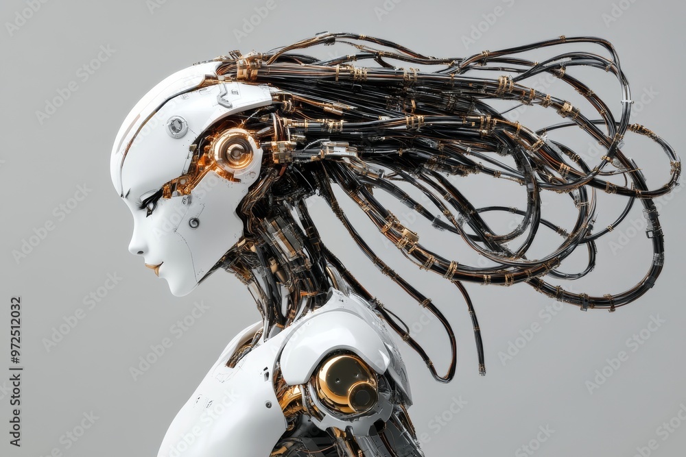 Poster using generative ai technology, a modern female robot creates an image of the future