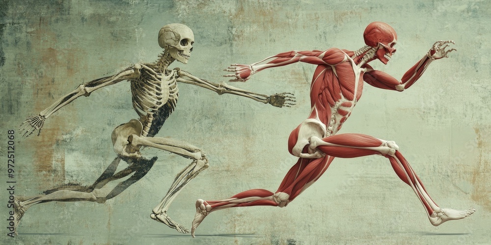 Poster skeleton and muscular figure running side by side.