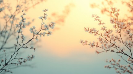 Silhouetted Branches with Blossoms Against a Soft Sunset Sky - Tranquil Nature Scene Perfect for Backgrounds and Artistic Projects