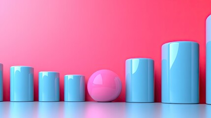 3d render abstract minimal geometric background one pink cylinder row of blue cylinders isolate3d objects primitive shapes profit chart stable business concept one of a kind advantage metaphor