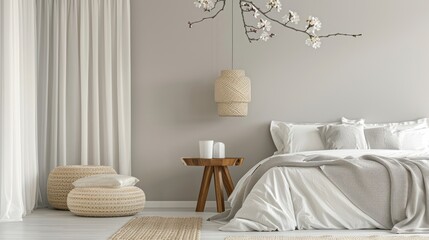 Modern bedroom. White bed with blanket and pillows, wooden table with lamp, wicker chandelier.