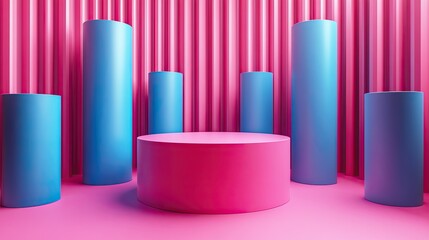 Fototapeta premium 3d render abstract minimal geometric background one pink cylinder row of blue cylinders isolate3d objects primitive shapes profit chart stable business concept one of a kind advantage metaphor