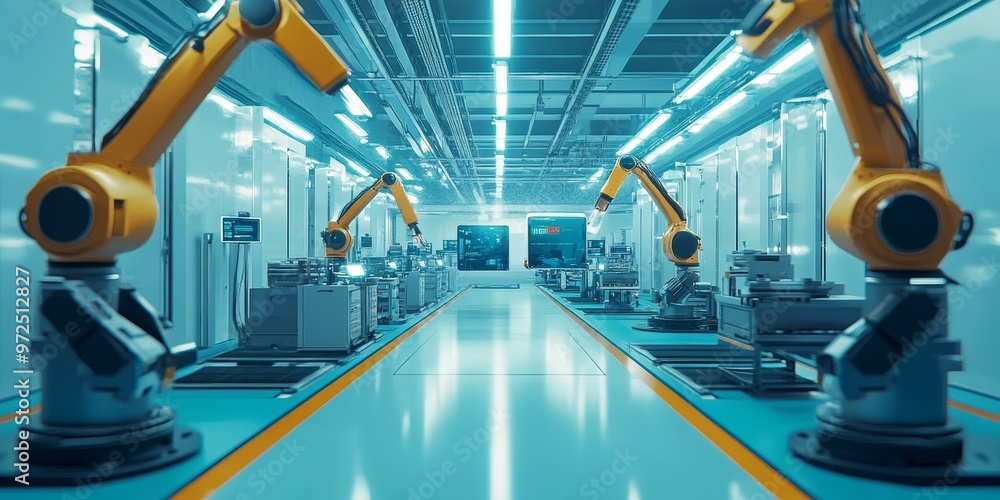 Poster automated robotic arms in a factory setting.