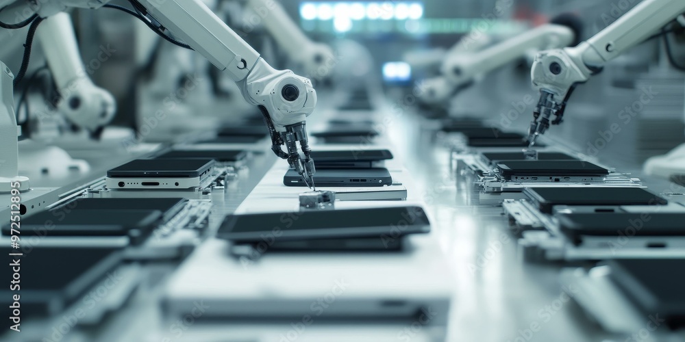 Poster robots assembling smartphones on a production line.
