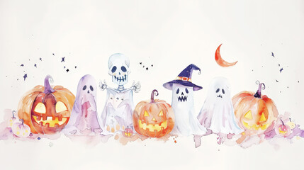 Naklejka premium Aesthetic halloween watercolor mockup with pumpkins, ghosts, skeletons, pastel light colors and backdrop. Generative AI