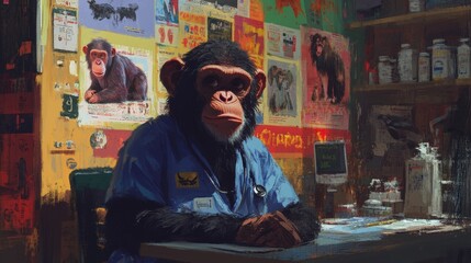 Obraz premium An animated cartoon of a doctor monkey in a hospital.