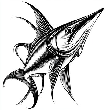 black and white swordfish swimming clip art preview
