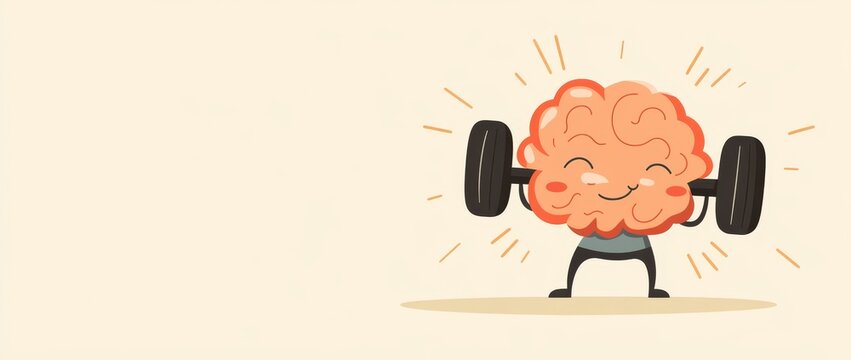 Cartoon brain raising a bell for strong mental health, generated by stock