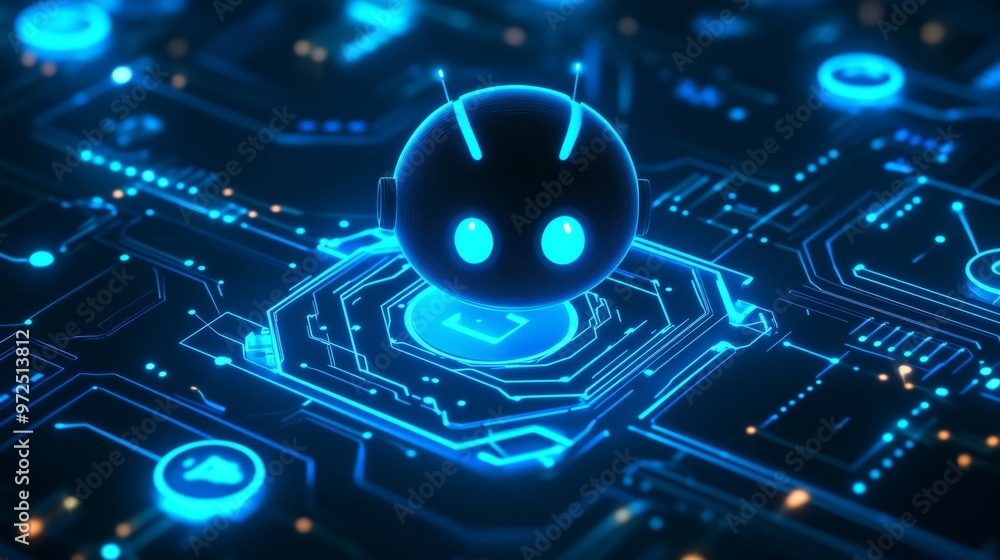 Poster this is an abstract digital ai robot on a circuit board light blue background. a chat bot on a circu